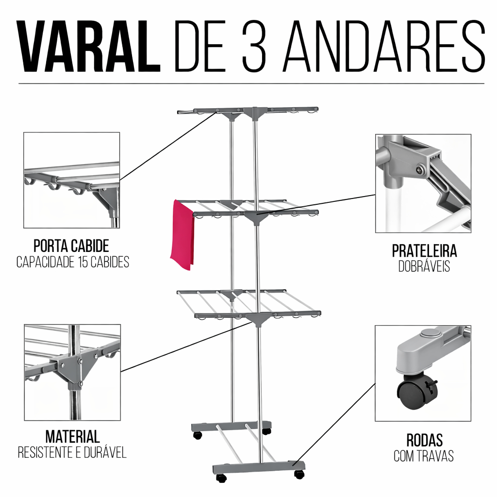 Varal Portátil 3 Andares com Suporte para Cabides – Dobrável, Compacto e Ideal para Apartamento em Oferta na Shopee