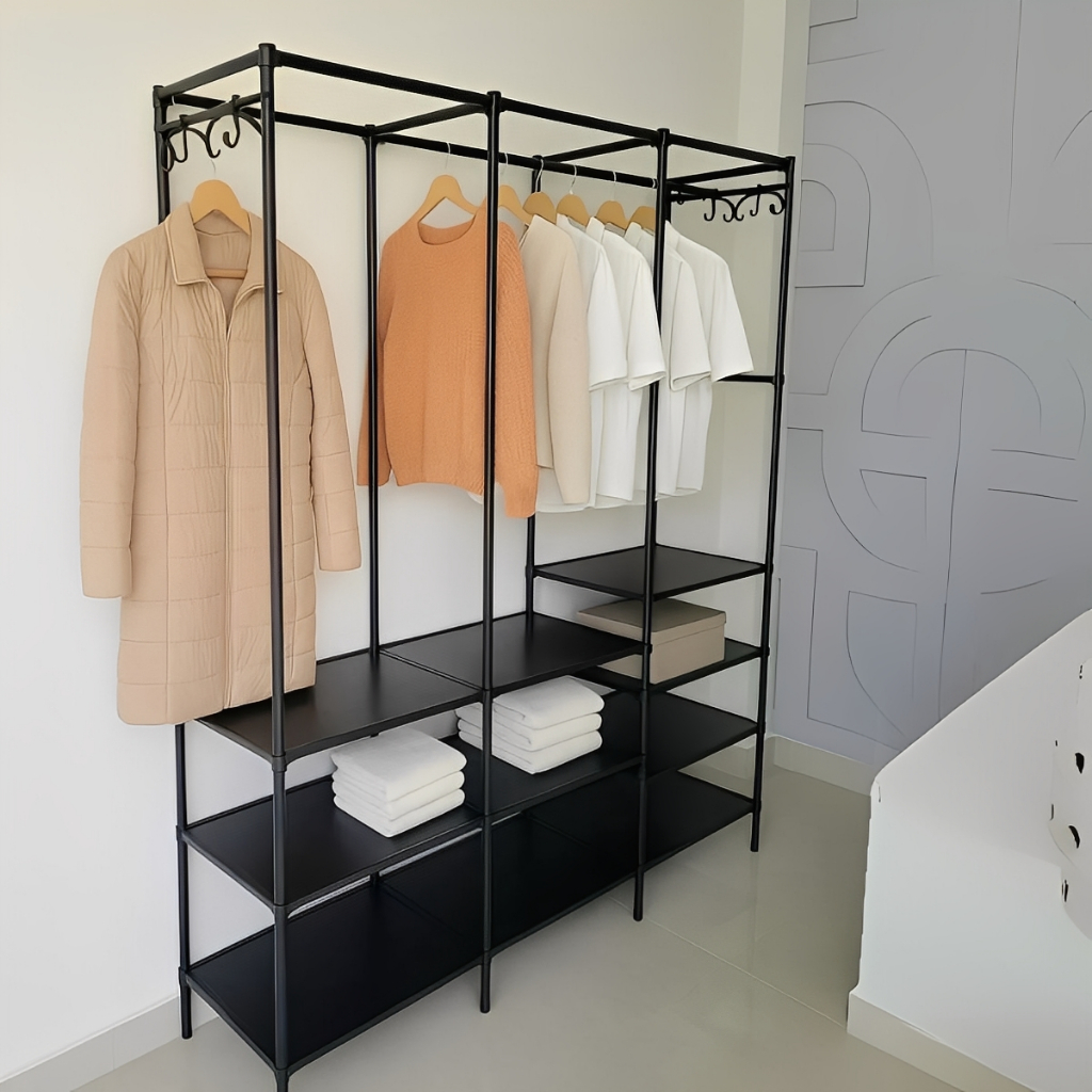 Guarda-Roupas Arara de Chão com Prateleiras para Organização de Roupas Sapatos e Objetos