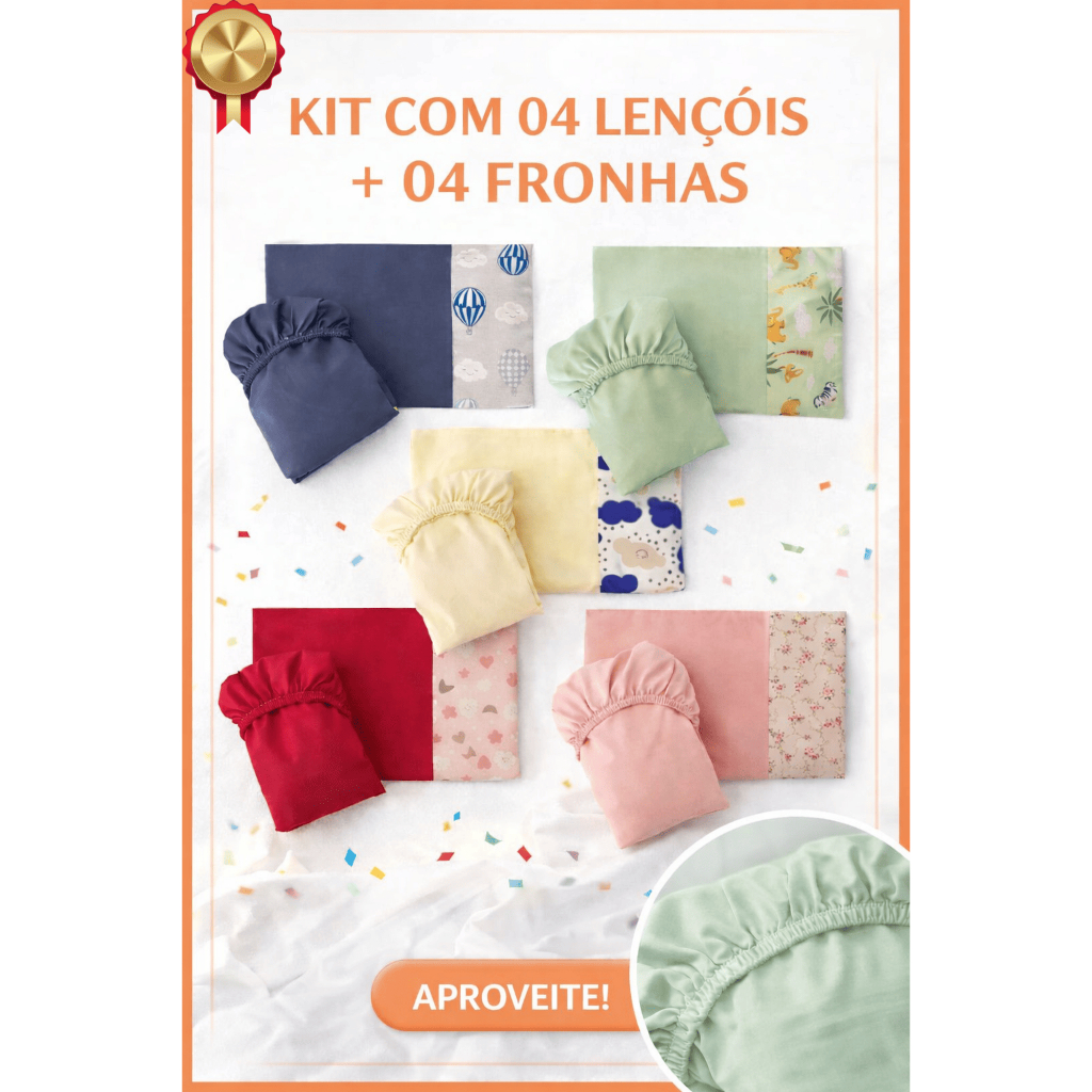 Kit Lençol Berço Americano com Elástico + Fronhas | 08 Peças (4 Lençóis + 4 Fronhas) em Oferta na Shopee