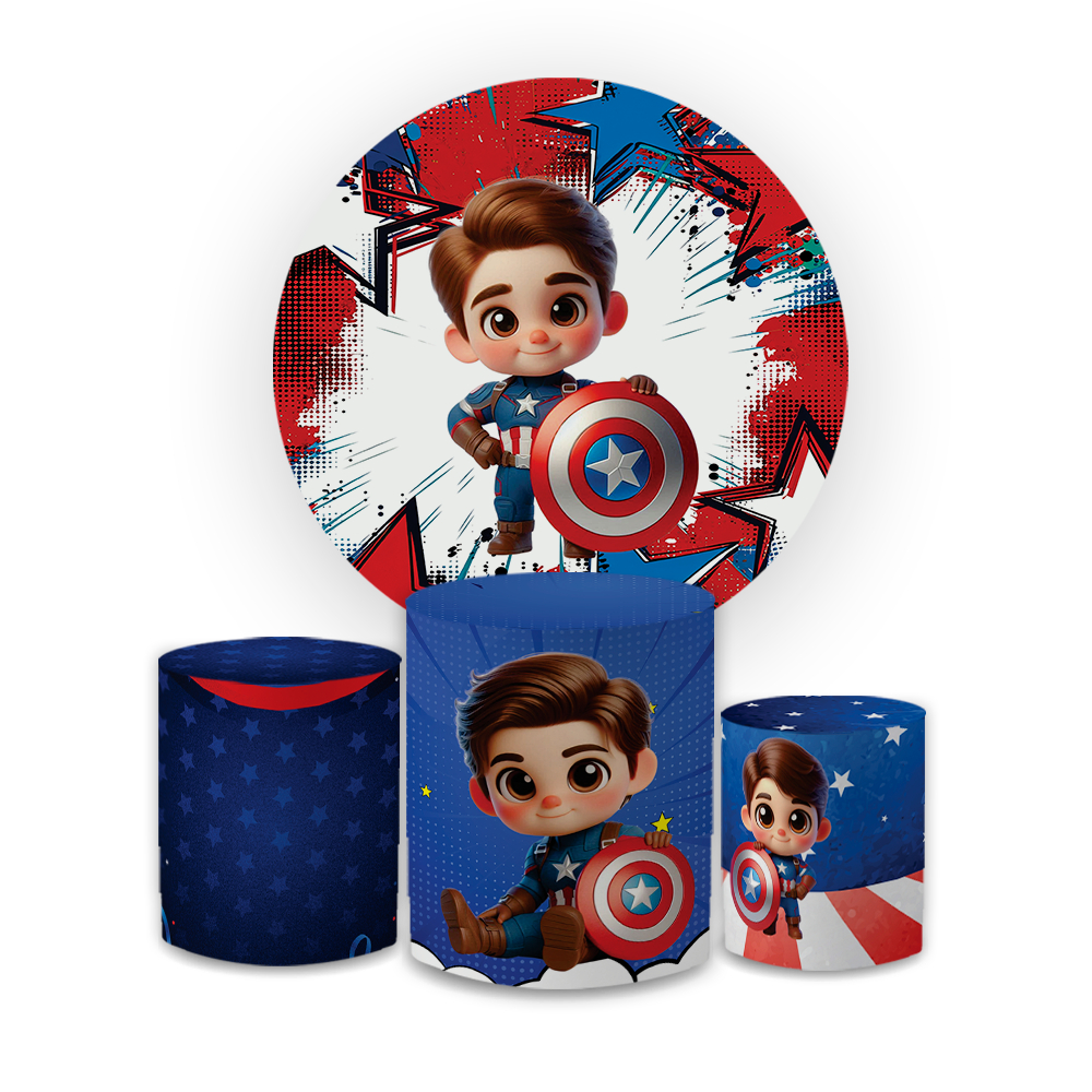 Kit Capa Painel Decorativo + Trio Cilindros Cpto Amrc Cute Para Festa Infantil Estilo Herói Fofo