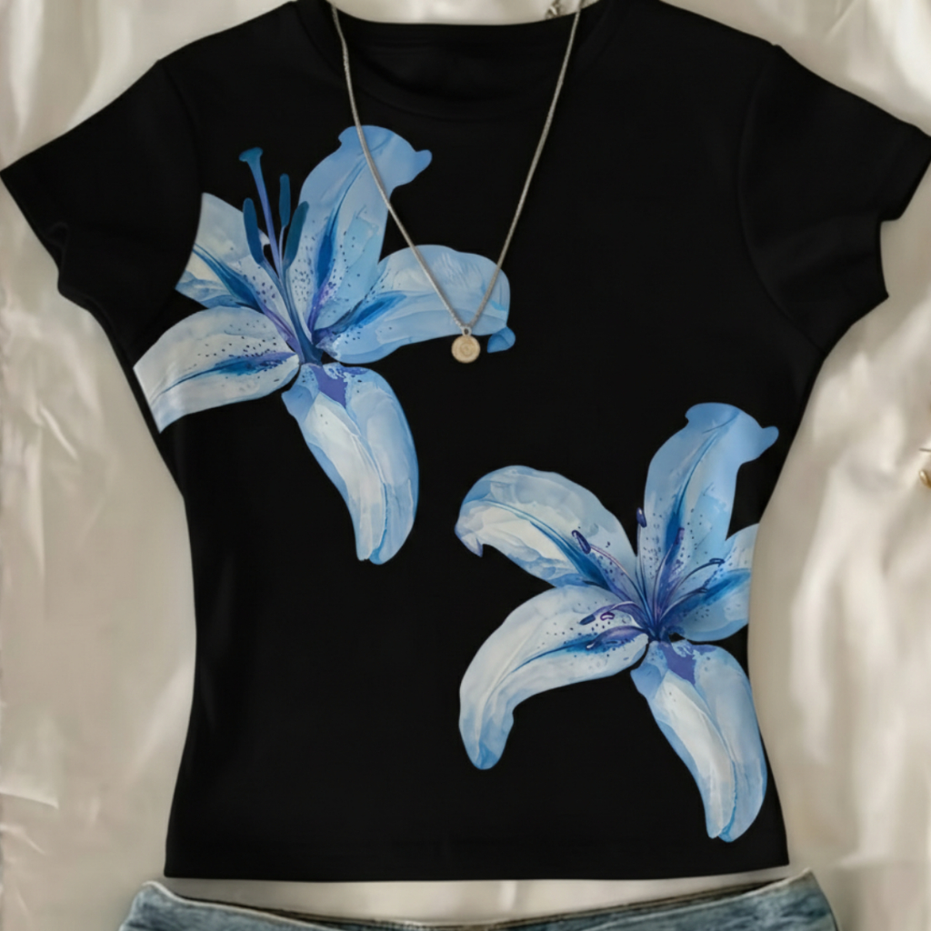 Camiseta Cropped Slim Estampada Floral Azul Casual Moda Tendência Verão