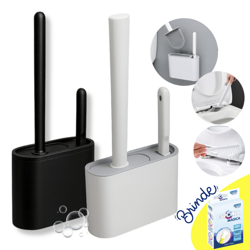 Escova Sanitária Limpeza Vaso Sanitário Banheiro Silicone Suporte Base KIT + Esponja Mágica BRINDE