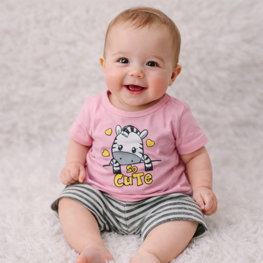 Conjunto Infantil Menina Zebra So Cute – Camiseta Rosa Estampada + Shorts Listrado