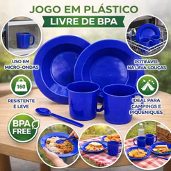 2 kit completo refeição prato caneca colher azul bic firme resistente livre bpa microonda lava louça