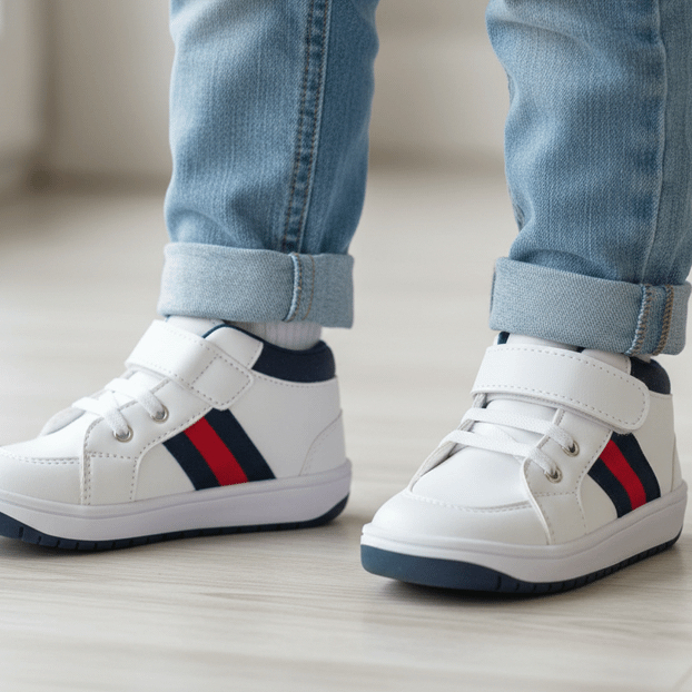 tênis branco infantil cano médio tamanho 24, tenis menino branco com acabamento em azul e vermelho (bazar, desapego)