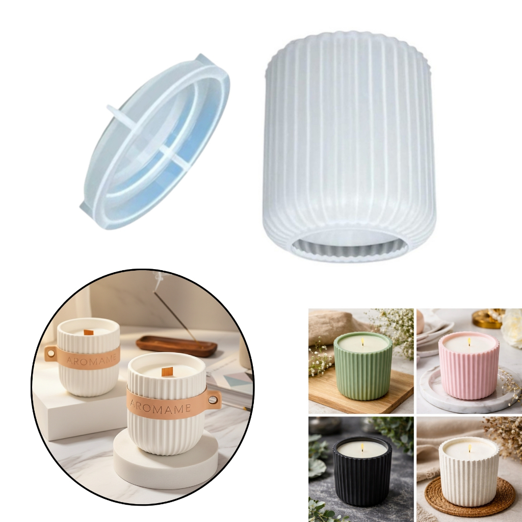 Molde Silicone Pote Estriado para Velas e Resina Forma Cimento Gesso Decorativo
