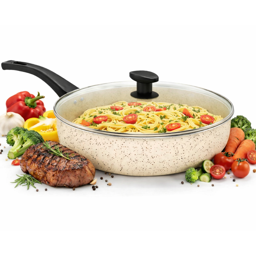 Frigideira  Grande Funda Alta Wok Antiaderente 30 Cm Com Tampa De Vidro em Oferta na Shopee