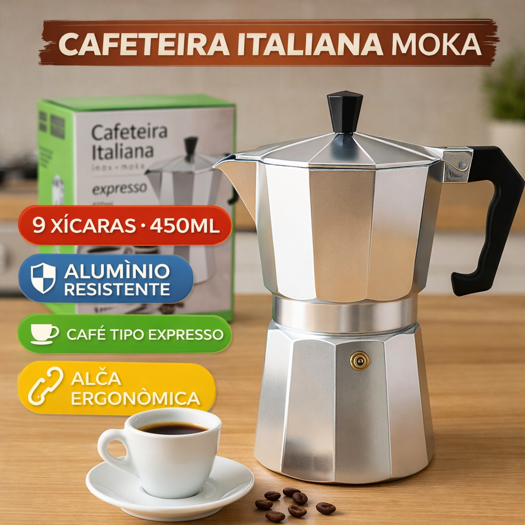 Cafeteira Italiana Inox Moka 450ml 9 Xícaras Café Expresso Alumínio Alça Prateado Cafeteira
