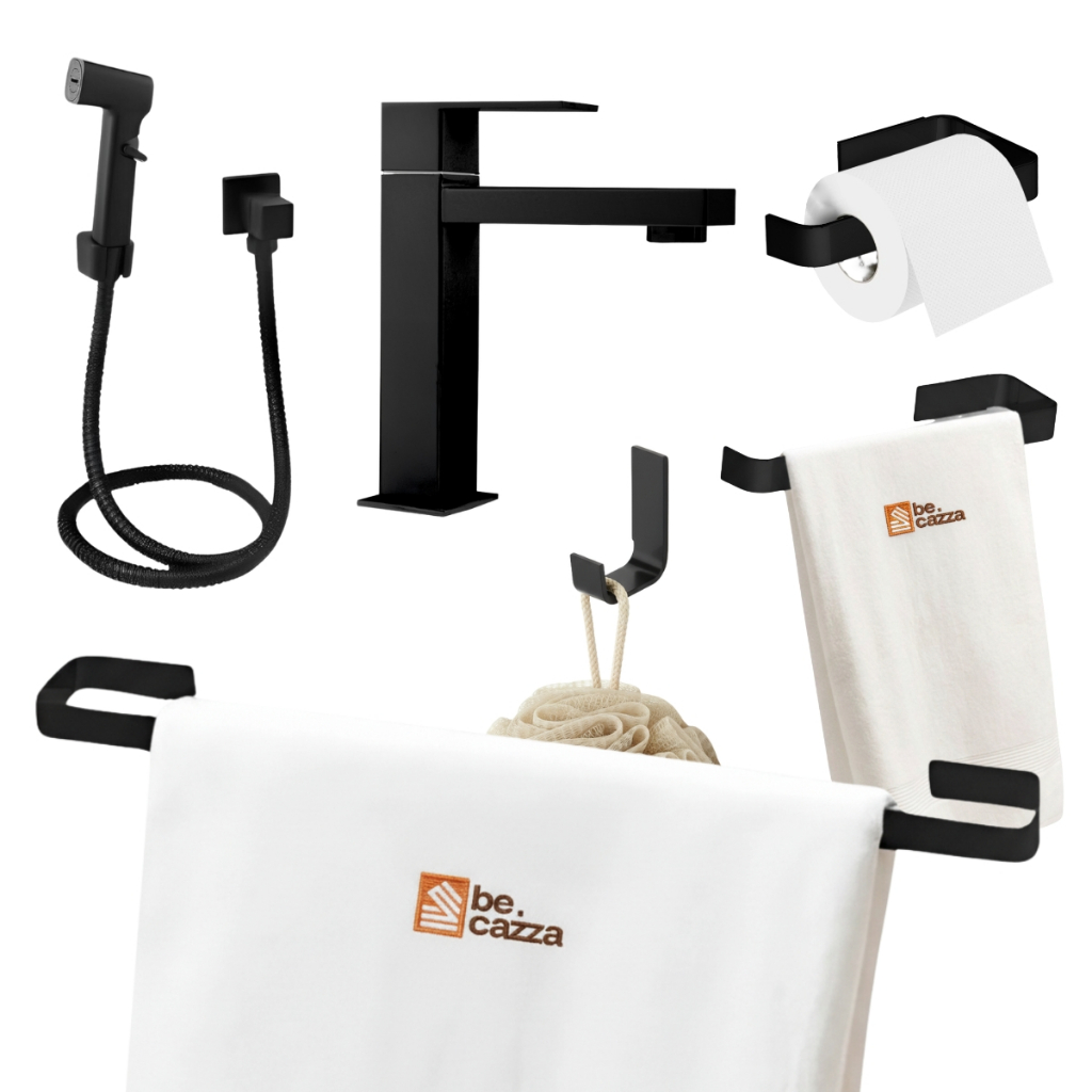 Kit de Acessórios para Banheiro Quadrado Preto Fosco + 1 Ducha Higiênica + Torn