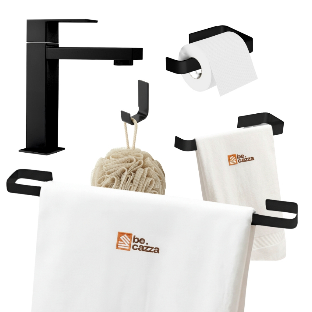 Kit Banheiro Preto Acessórios 4 Peças Dupla Fixação + Torneira Bancada Preto Bai