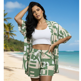conjunto kimono e short sim bolso tecido duna listrado e estampado moda verão em Oferta na Shopee