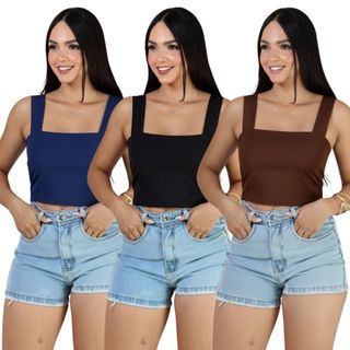 KIT 3 Cropped Top Suplex Decote Quadrado Alças Grossa Feminino Slim Fit Variados