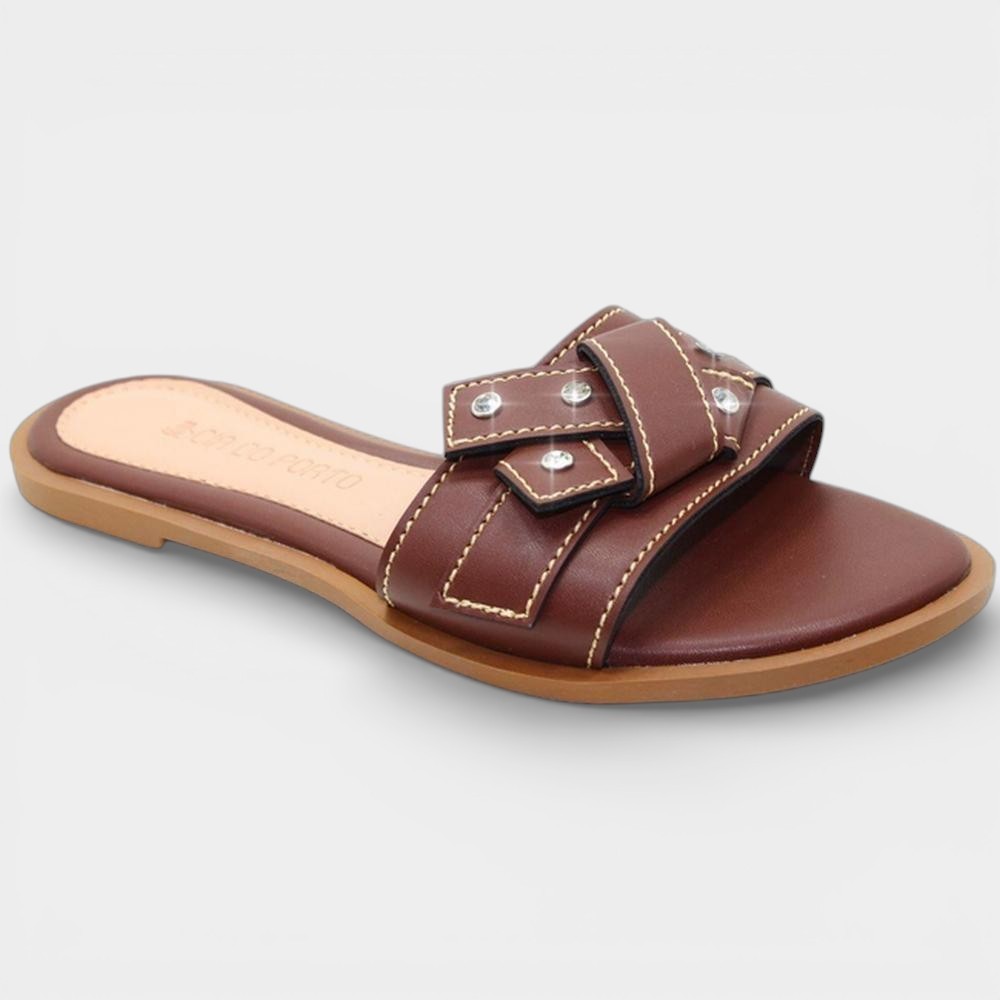 Rasteira Cia do Porto Nó Strass Feminina - Marrom Escuro