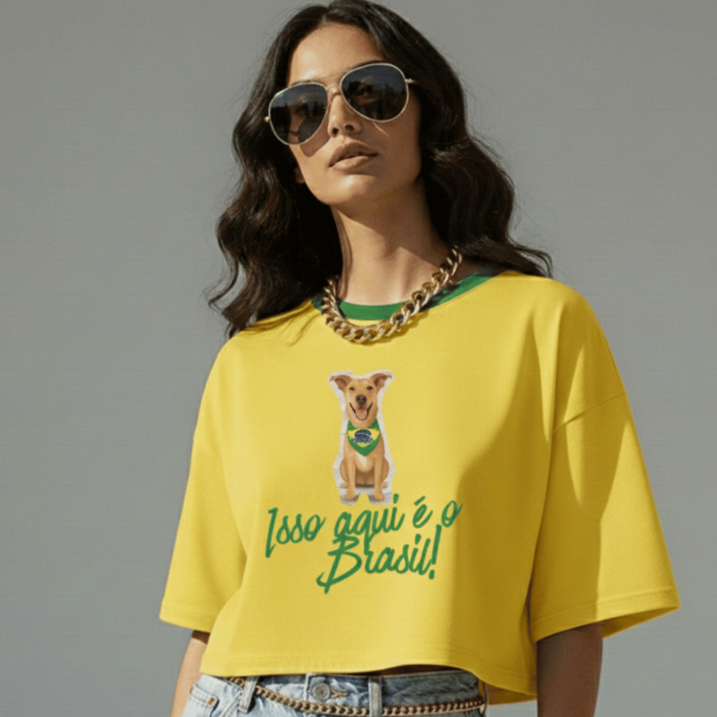 Cropped Oversized Feminino Brasil | Blusa Algodão Estampada Casual Verão