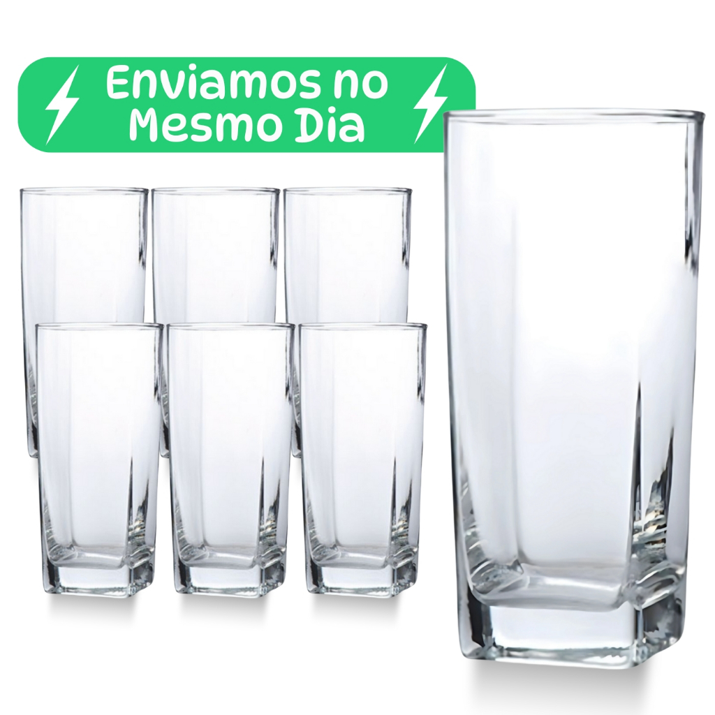Jogo De 6 Copos Bali Vidro 320ml Quadrado Luxo Transparente