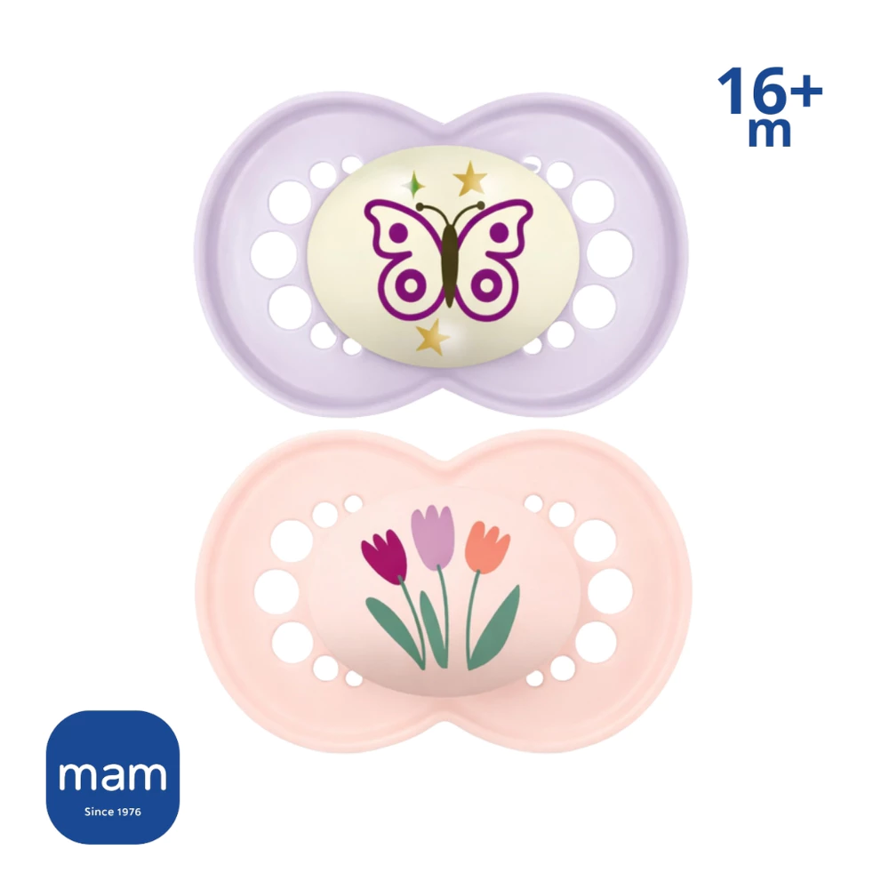2 Chupeta MAM 16+ Meses MAM Original DAY&NIGHT 1 brilha no Escuro Menina Bebê Bico Silicone Rosa