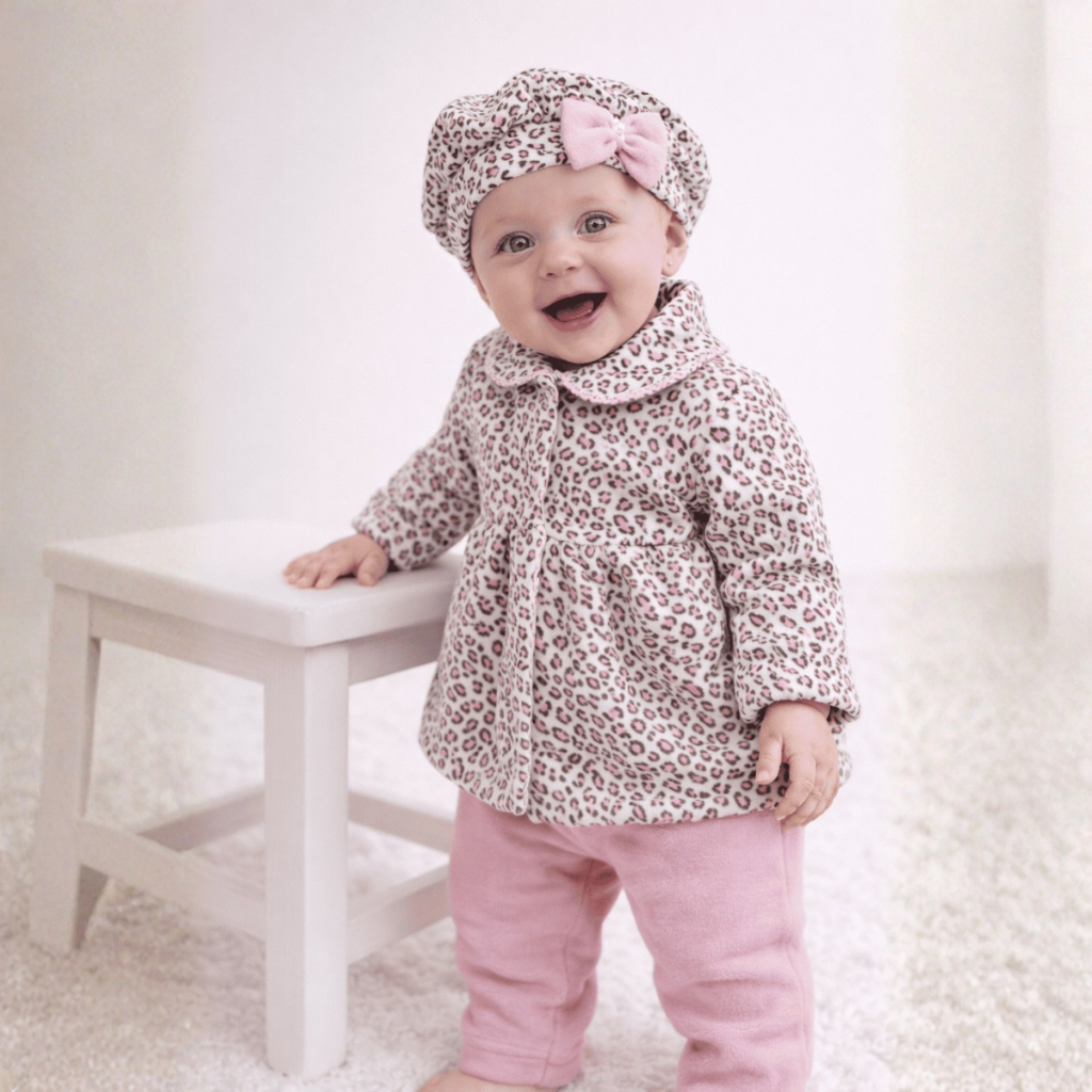 Conjunto Bebê Menina em Soft Estampa Oncinha Laço 3 Peças Casaco + Calça + Boina Inverno em Oferta na Shopee