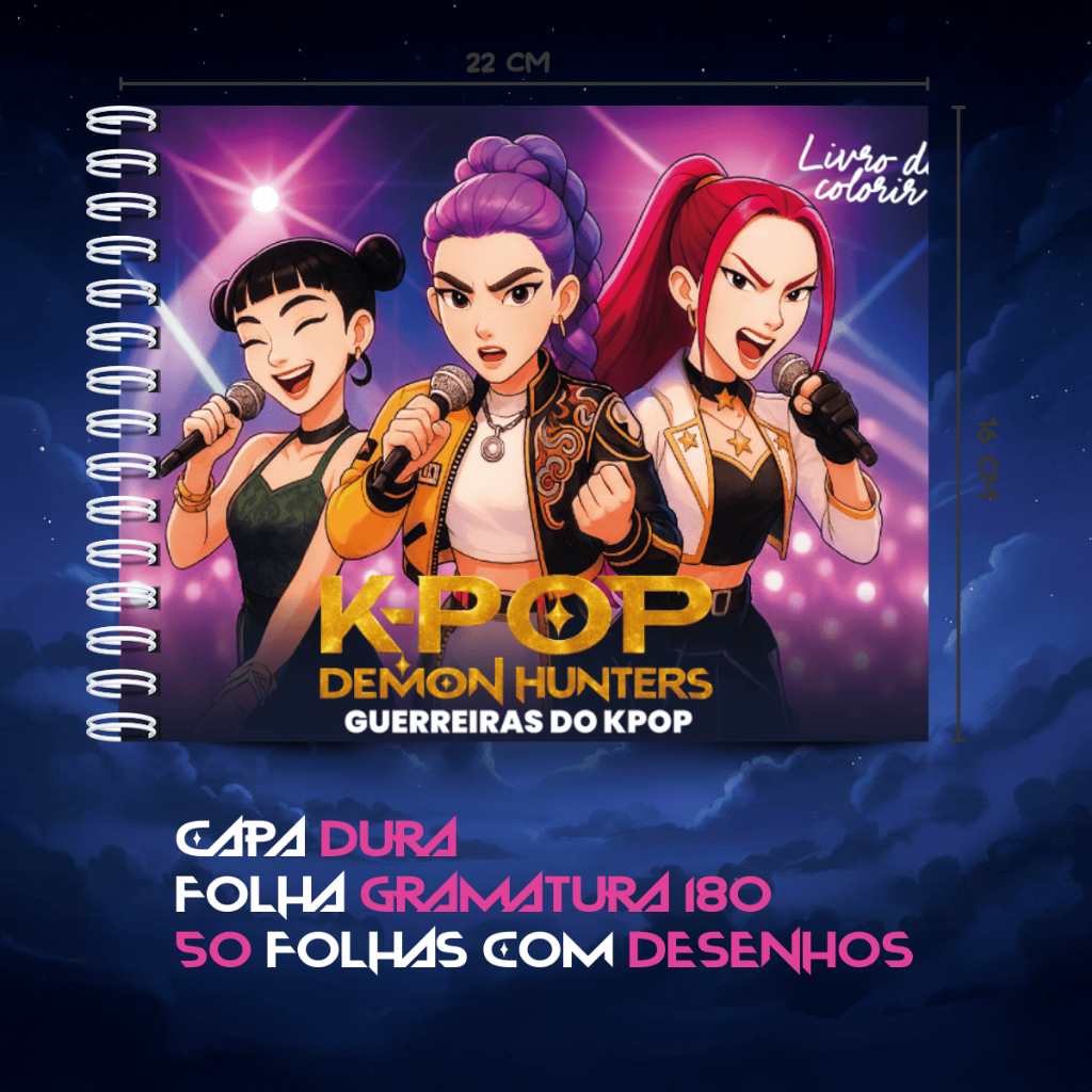 Livro De Colorir K-Pop Demon Hunters Guerreiras do Kpop Capa Dura 50 Folhas de 180g