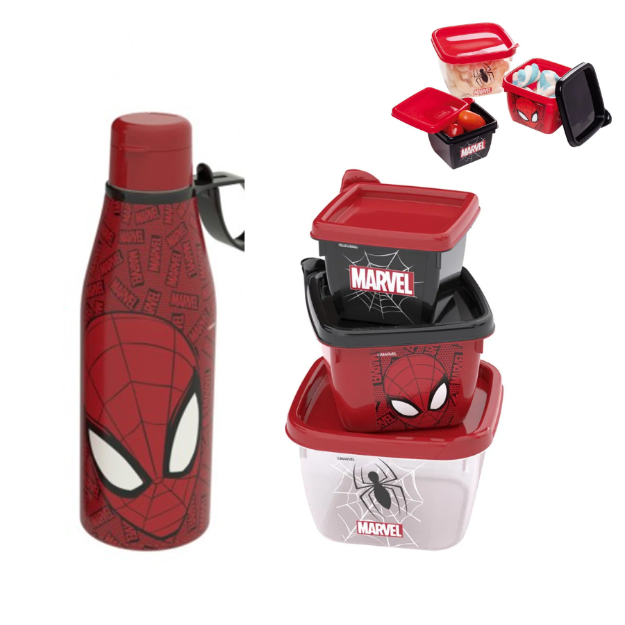 Kit Lanche Homem-Aranha Marvel: Garrafa 530ml + 3 Potes Conect Plasútil