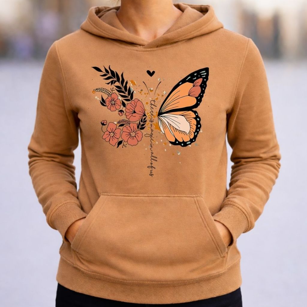 Blusa de Frio Moletom Feminino Flanelado Borboleta Estampada Capuz Bolso Inverno