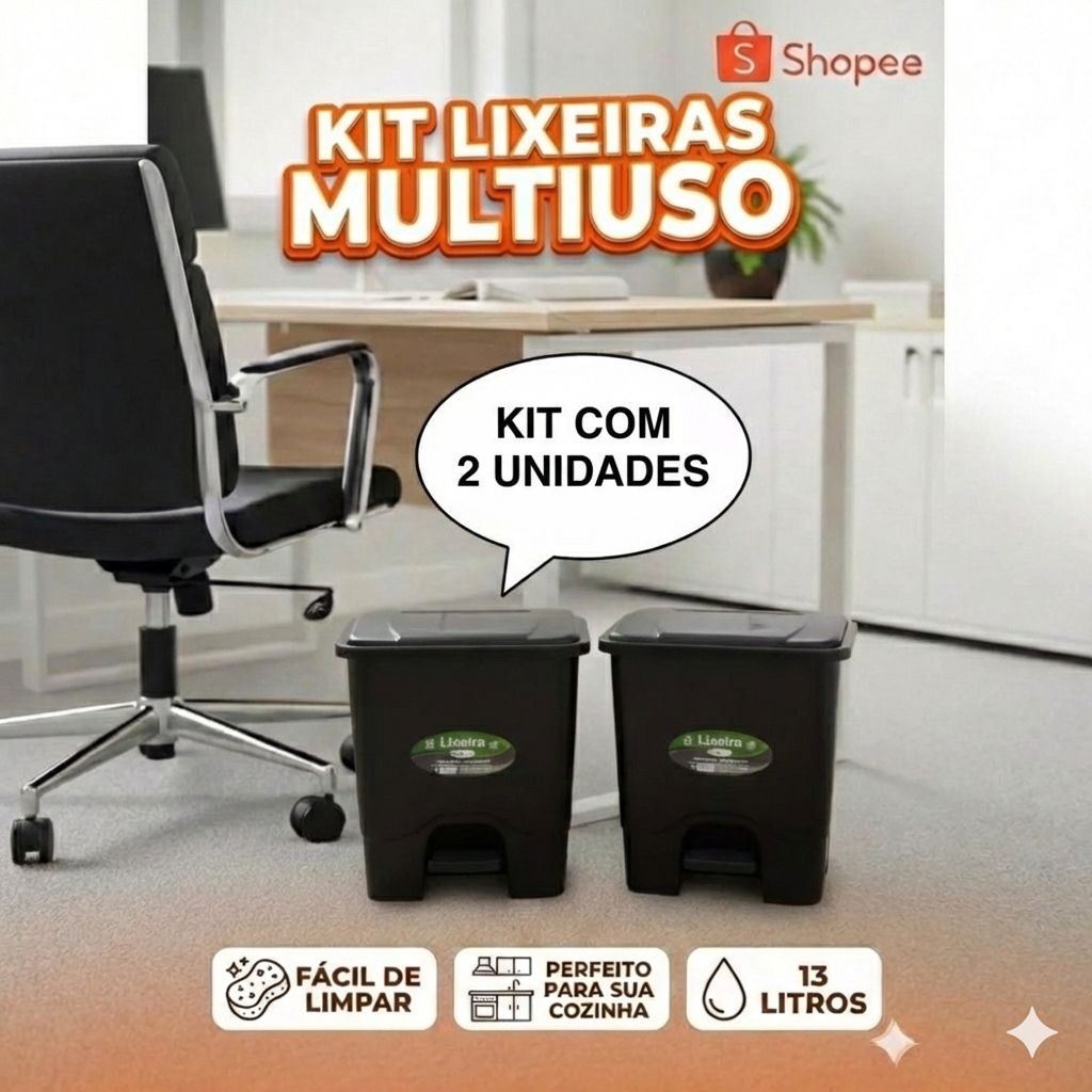 Kit 2 Lixeira Multiuso Preta 13 Litros com Tampa Pedal Para Cozinha, Escritorio, Banheiro