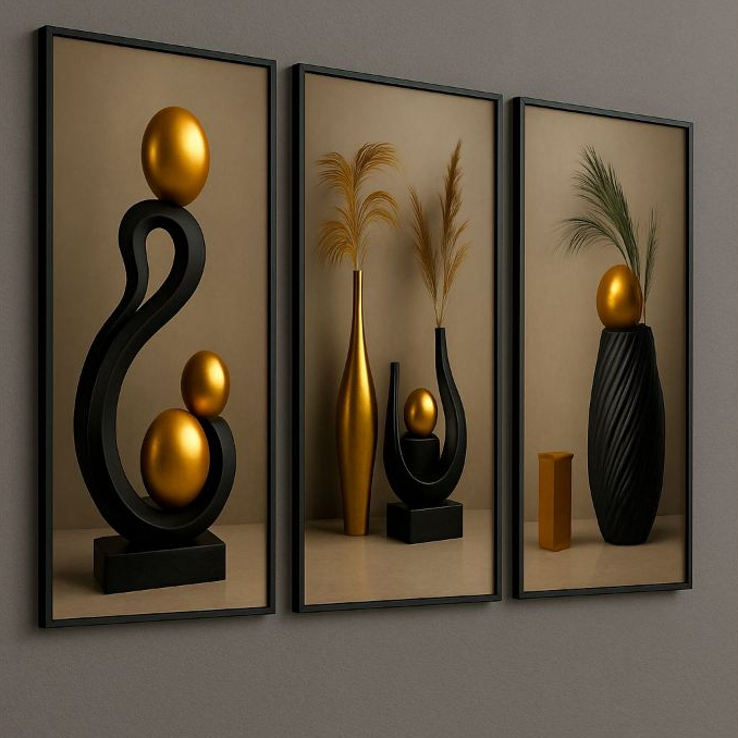 Quadro Decorativo 3 Peças Abstrato Geométrico Vaso NEGRO  Minimalista Moderno em Oferta na Shopee