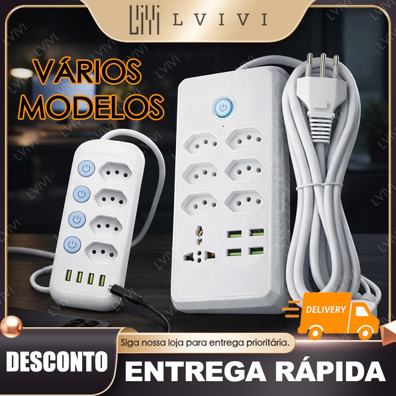 Cabo de extensão de energia de 2 m com 5 soquetes e 4 portas USB, interruptor, voltagem dupla 110 V/220 V em Oferta na Shopee