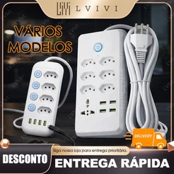 Cabo de extensão de energia de 2 m com 5 soquetes e 4 portas USB, interruptor, voltagem dupla 110 V/220 V