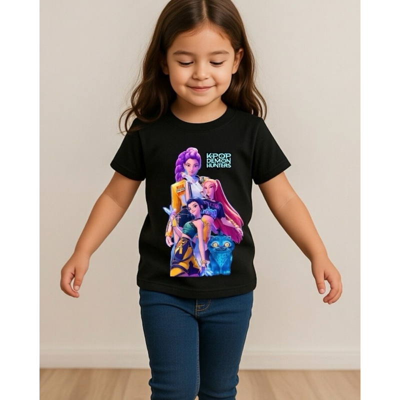 Camiseta Infantil K-POP Demon Hunters Preta – Camisa Infantil Estampada Moderna, Confortável e Estilosa