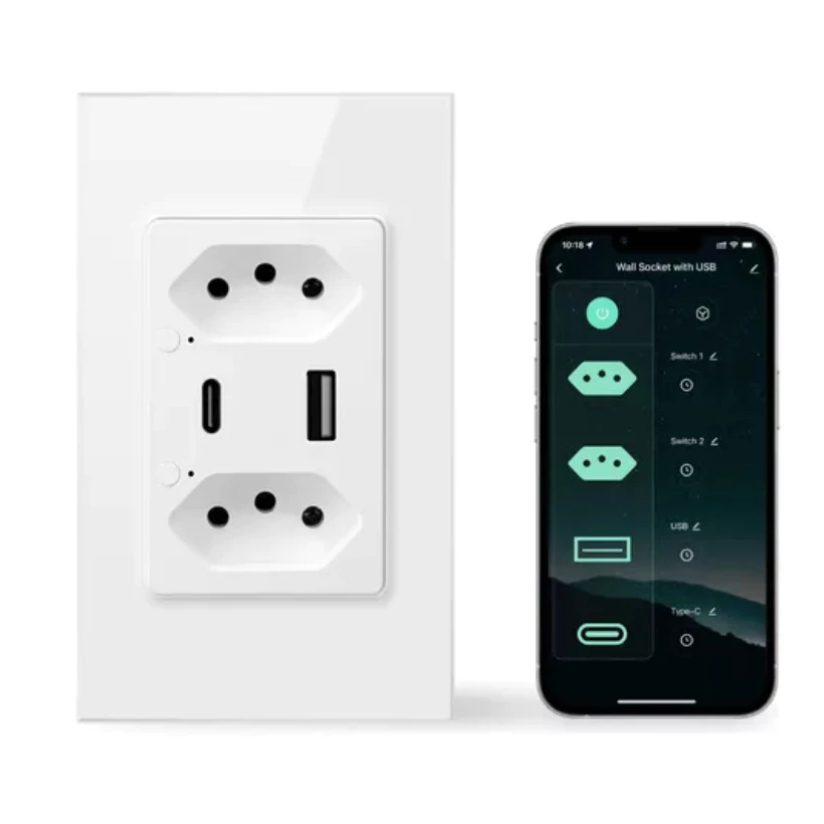 Tomada De Parede Inteligente Wifi dupla USB-C Tipo C Alexa Bivolt 2C/A+C CT