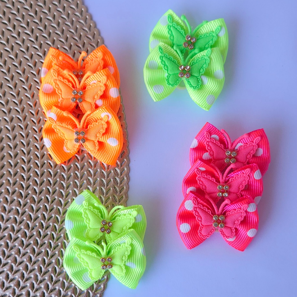 10 Laços Pet Femea M Banho e Tosa Acessórios Pet Femea Borboleta / Flor Enfeite Para Cachorro Lacinhos Pet Neon Verao