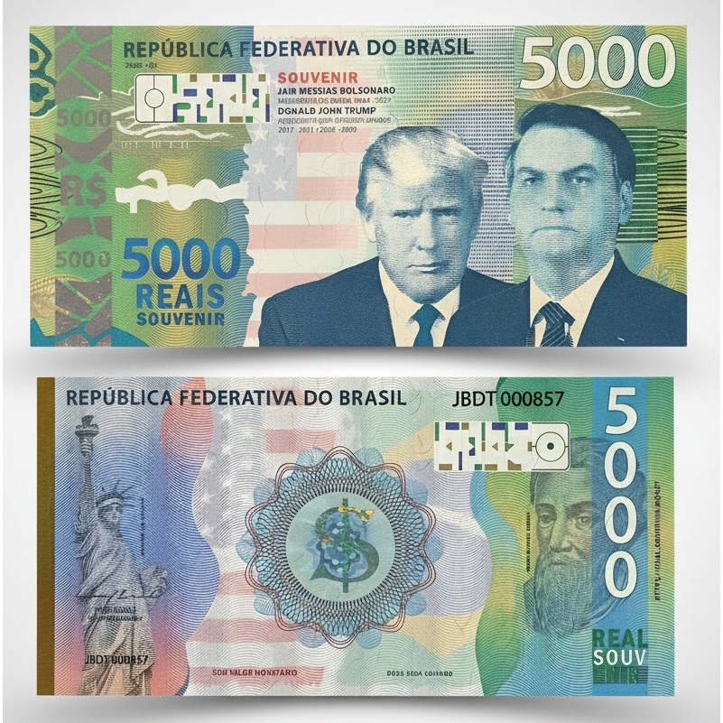 Cédula Souvenir Jair Bolsonaro & Donald Trump - 5.000 Reais - ler a descrição