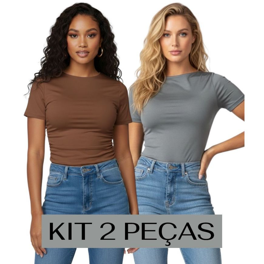 KIT 2 Baby Tee Feminina Blusa Slim Fit Manga Curta Blusa de Compressão Suplex Proteção UV Academia
