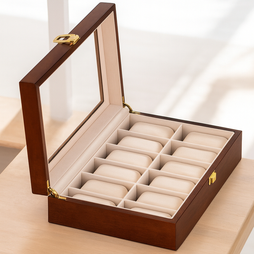 Estojo De Madeira Luxo Com Visor E Trava Para 12 Relógios Cor Marrom