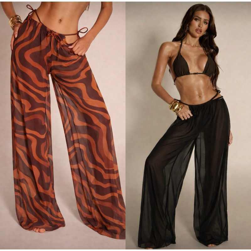 Calça Saída de Praia Tule Pantalona Flare Trânsparente Cintura Baixa Elegante Tendência Gringa