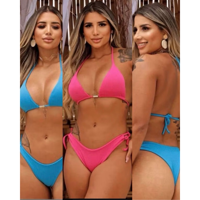 Biquíni Praia Feminino Cortininha Canelado com Bojo + Calcinha Fio Duplo