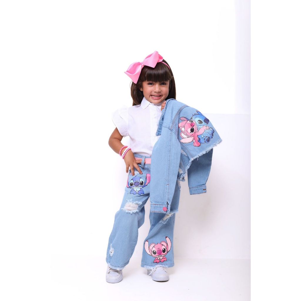 Conjunto Jeans Infantil Meninas 2-10 anos Calça Wide Leg e Jaqueta personagens trend