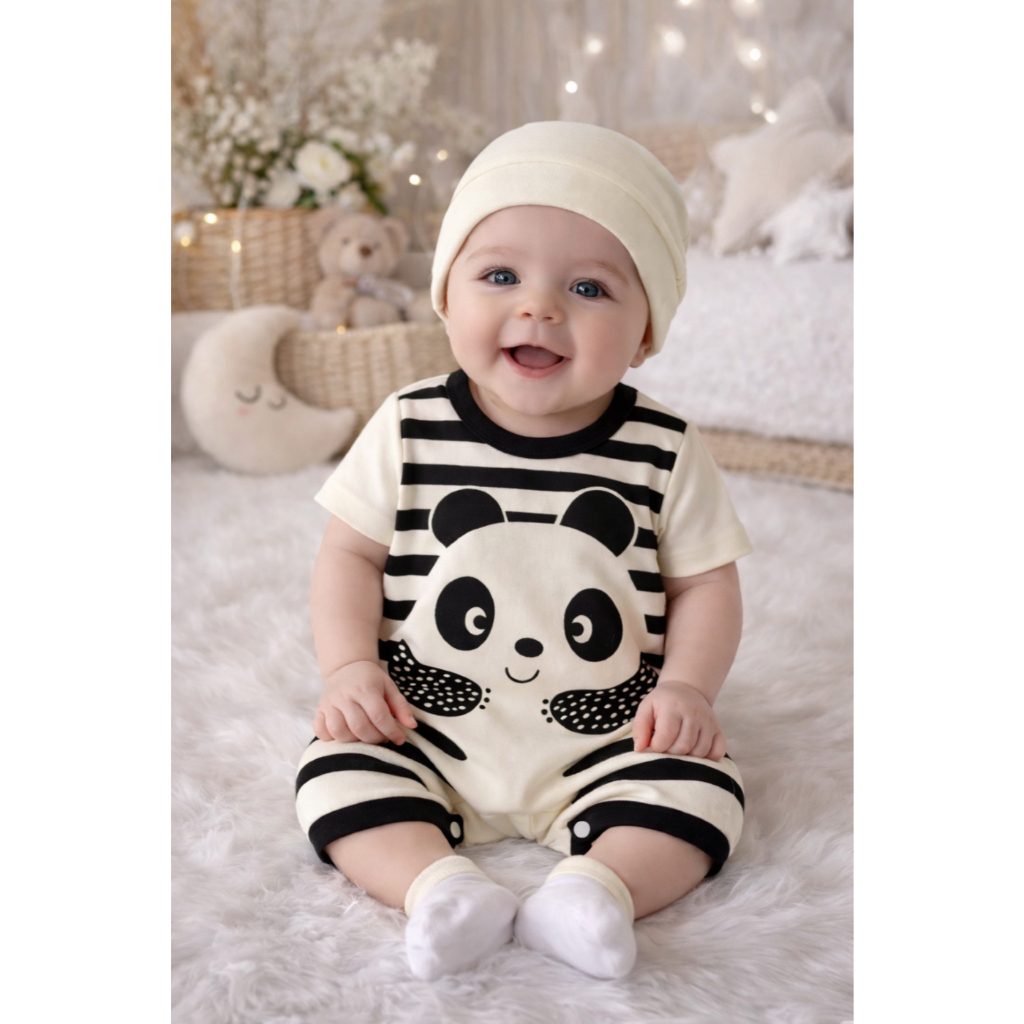 Macacão Curto Panda ou Raposinha Bebê Menino com Touca | Look Fresquinho em Algodão para Recém-Nascido