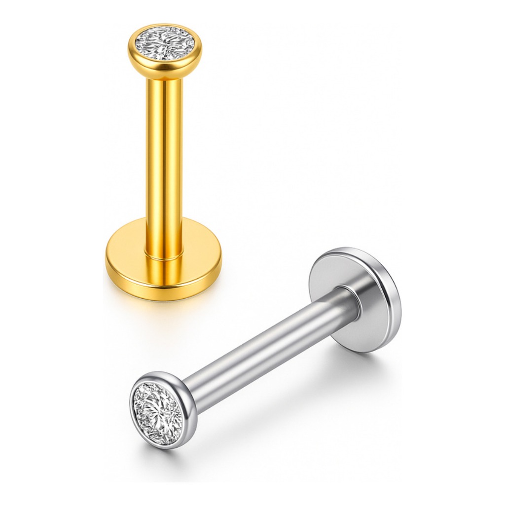 Piercing 100% Em Titânio Ponto Luz Zircônia Helix Conch Labret Pvd Prata e Dourado