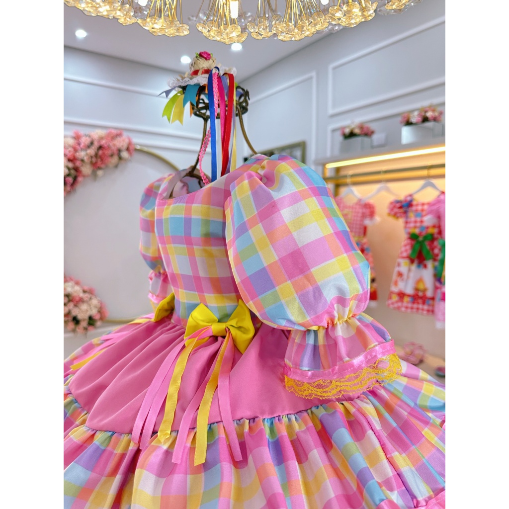Vestido Infantil Festa Junina Xadrez Laços Rosa Candy Junino Caipira Quadrilha Sinhá São João Babado