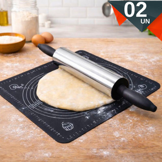 Kit Para Massa, Pao, confeitaria, bolo Rolo Inox profissional Tapete silicone Culinário com Medida