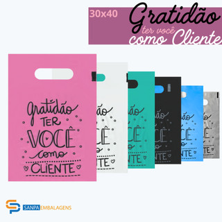 Sacolas Plásticas Bolsa Boca de Palhaço Alça Vazada tam 30x40cm Frase Gratidão