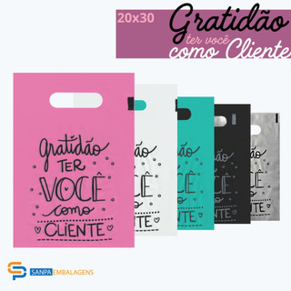 Sacolas Plásticas Bolsa Boca de Palhaço Alça Vazada tam20x30cm Frase Gratidão