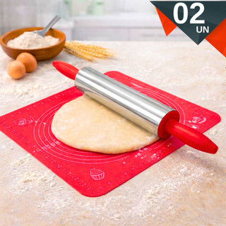 Kit Culinária Completo Rolo Inox profissional Tapete silicone Culinário com Medida Para Massa Pao