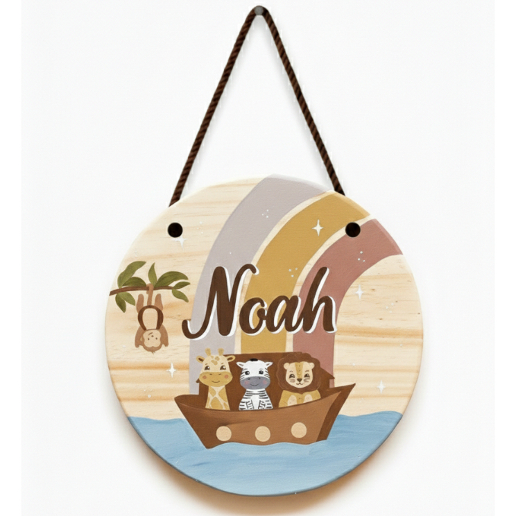 Enfeite Porta Maternidade Quarto Arca e Safári Aquarela c/ Nome Personalizado MDF Porta Decorativo