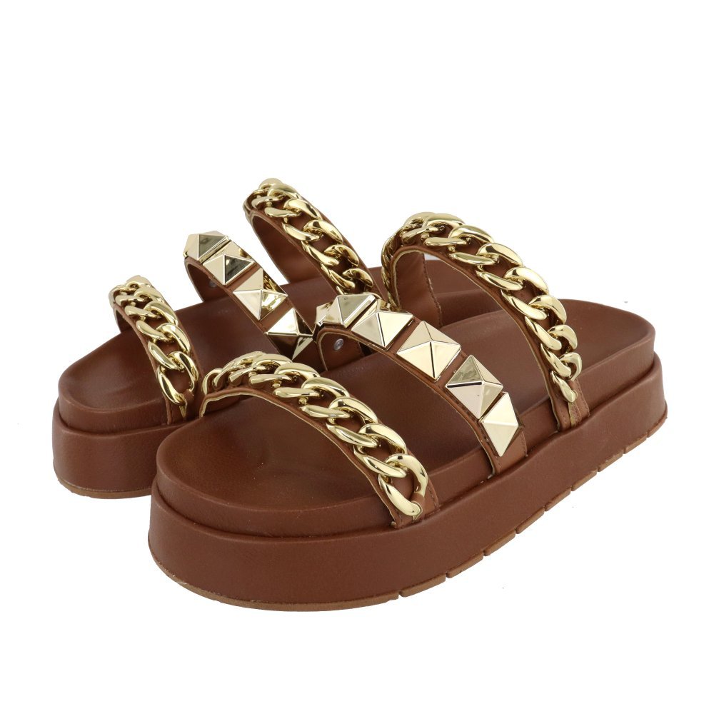 Sandália Plataforma Papete Feminina Sola Alta Elegante Confortável Metal Dourado Corrente Marrom Caramelo Essenza Loja