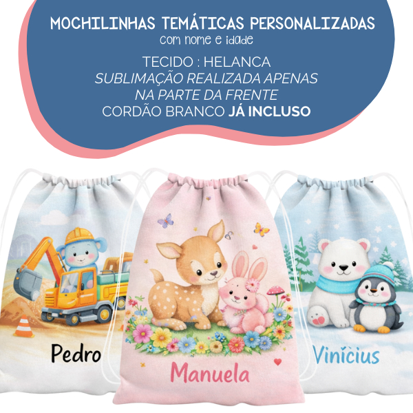 Mochilinha Personalizada para Lembrancinha 20x30cm com Cordão Surpresa Aniversário Infantil Doces Brinquedos Festas