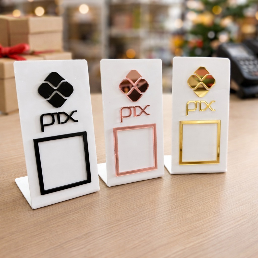 Placa Acrílica Display Pix QR Code De Mesa Balcão c/Base Pagamento Interativo