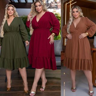 Vestido Midi Plus Size Manga Longa Decote V Soltinho Elegante em Oferta na Shopee