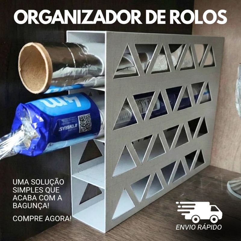 Suporte Rolo de Papel Alumínio Filme Plastico Organizador de Armário Cozinha Multiuso 4 Divisórias